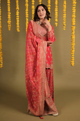 Red Silk Desginer Scallop Border Mirror and Sequin Work Palazzo Suit with Bandhej Dupatta