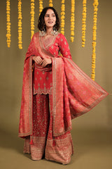 Red Silk Desginer Scallop Border Mirror and Sequin Work Palazzo Suit with Bandhej Dupatta