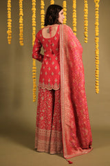 Red Silk Desginer Scallop Border Mirror and Sequin Work Palazzo Suit with Bandhej Dupatta