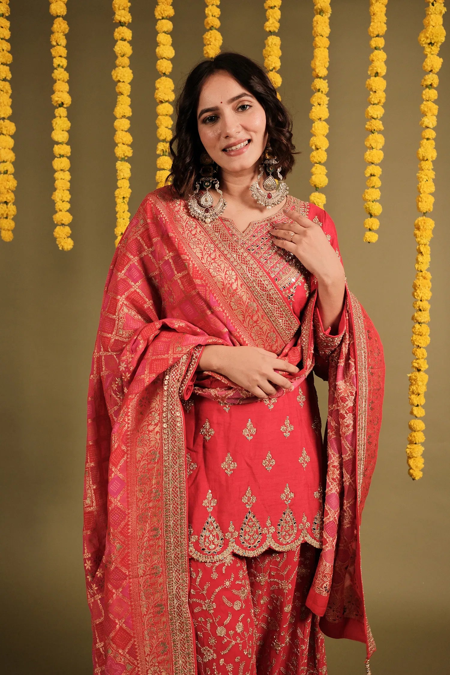 Red Silk Desginer Scallop Border Mirror and Sequin Work Palazzo Suit with Bandhej Dupatta