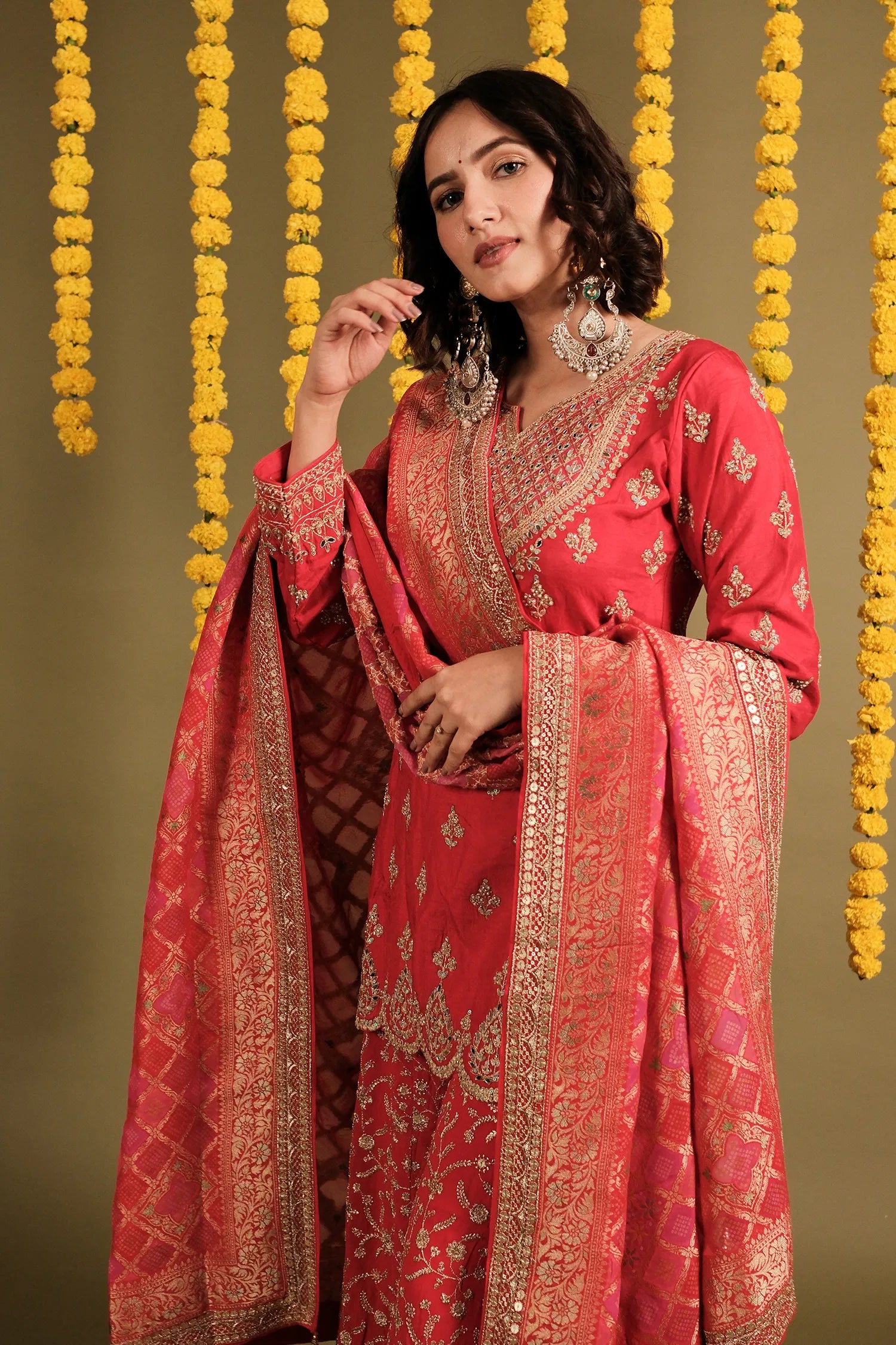 Red Silk Desginer Scallop Border Mirror and Sequin Work Palazzo Suit with Bandhej Dupatta
