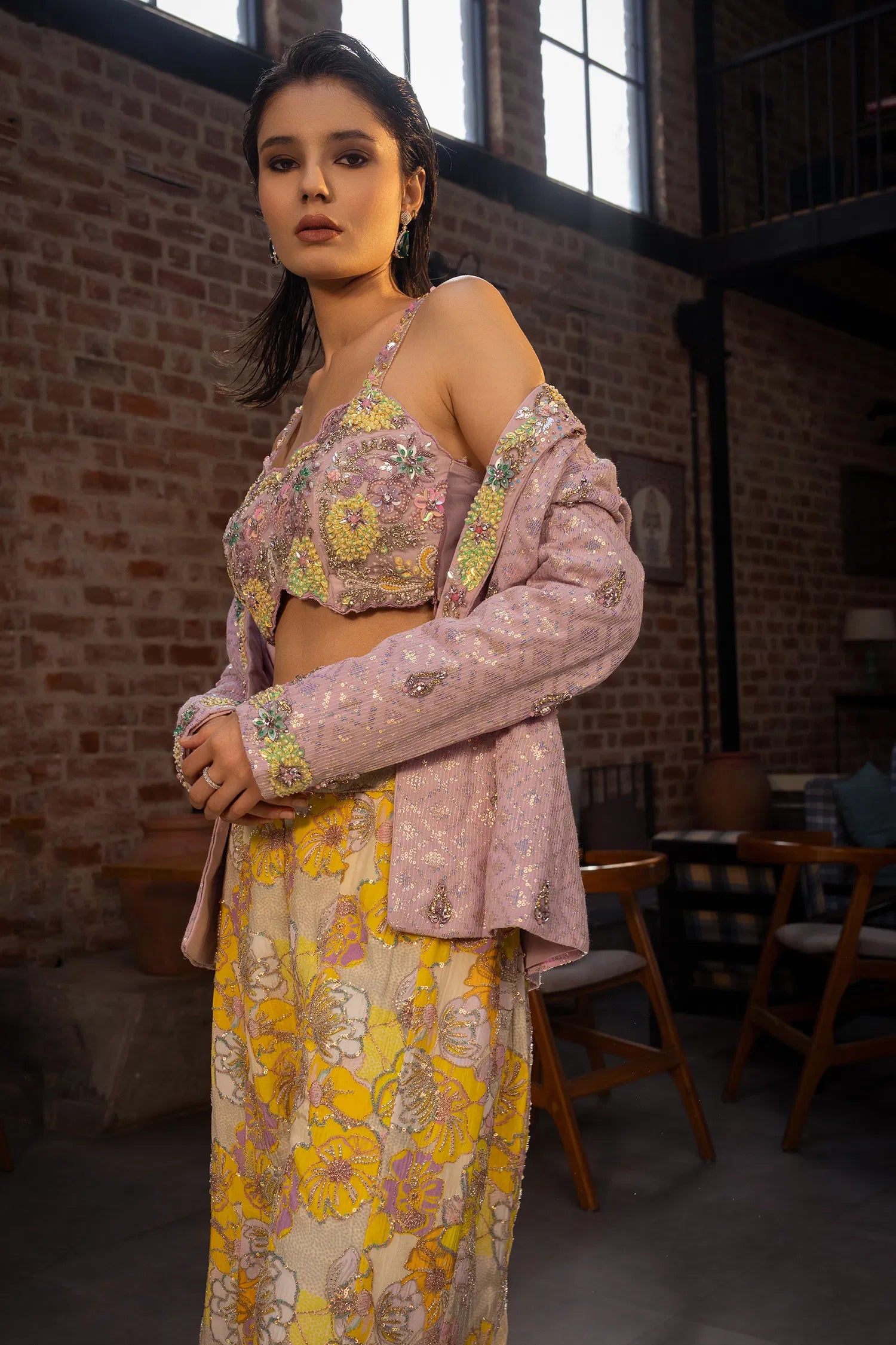 Lavender Net Sequin Beaded Crop Top Palazzo Set with Jacket