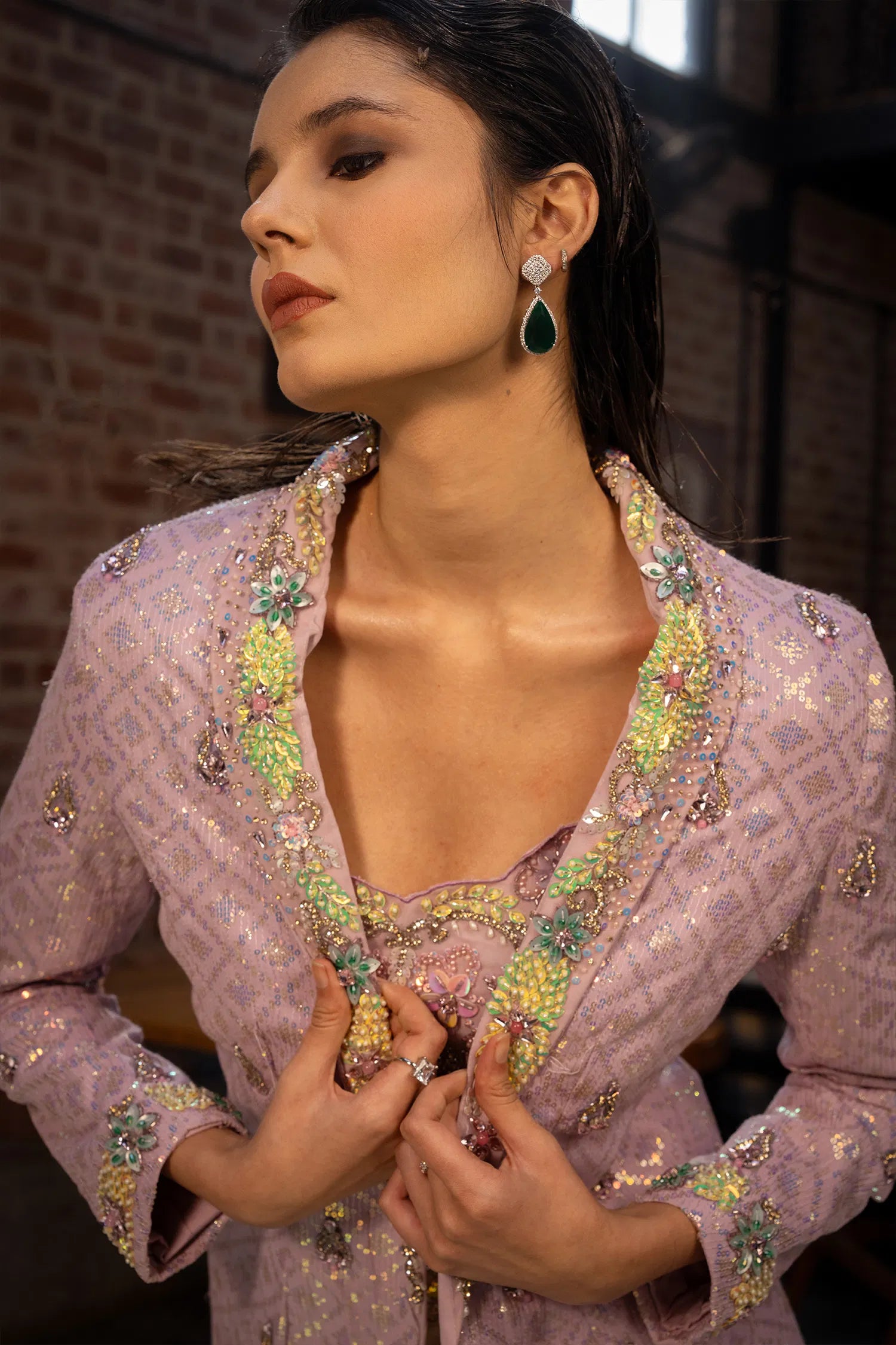 Lavender Net Sequin Beaded Crop Top Palazzo Set with Jacket