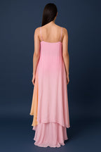 Pink Georgette Square Neck High and Low Layered Asymmetric Hem Detail Co-Ord Set