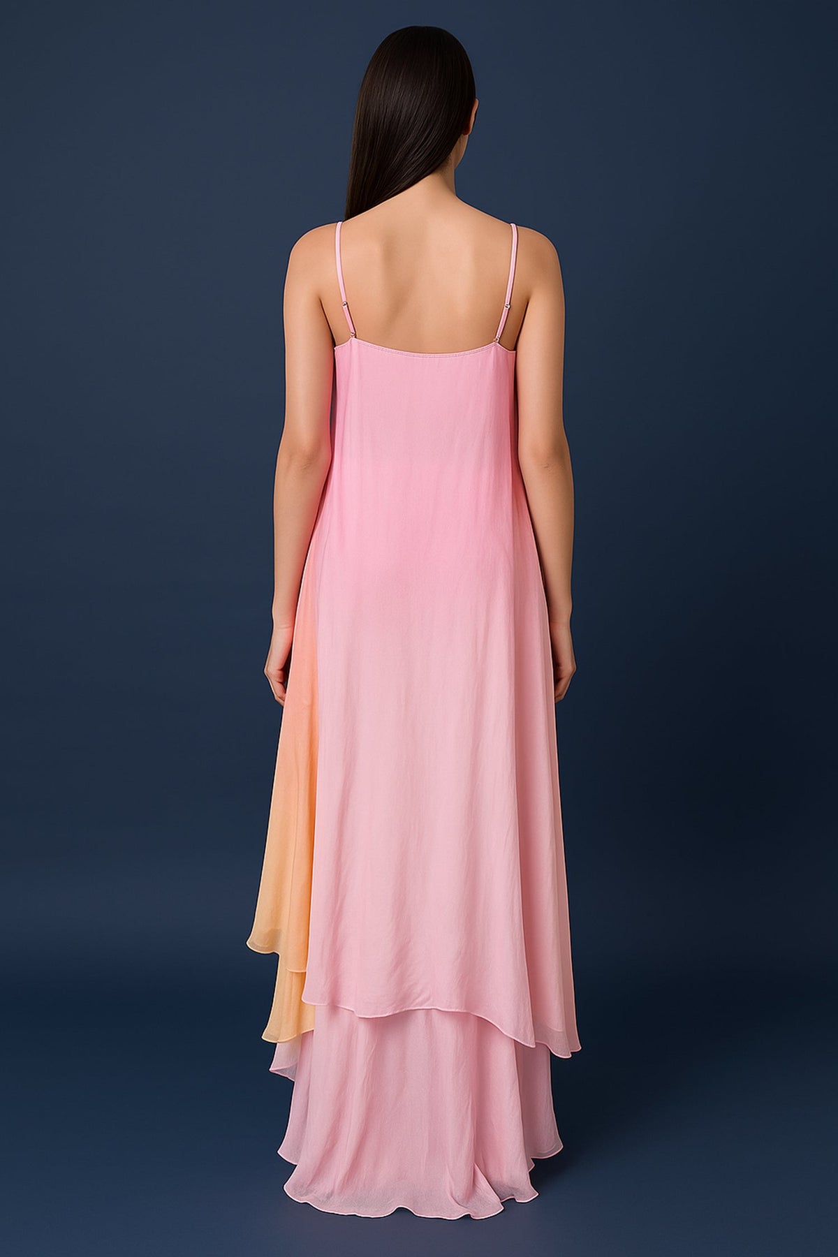 Pink Georgette Square Neck High and Low Layered Asymmetric Hem Detail Co-Ord Set