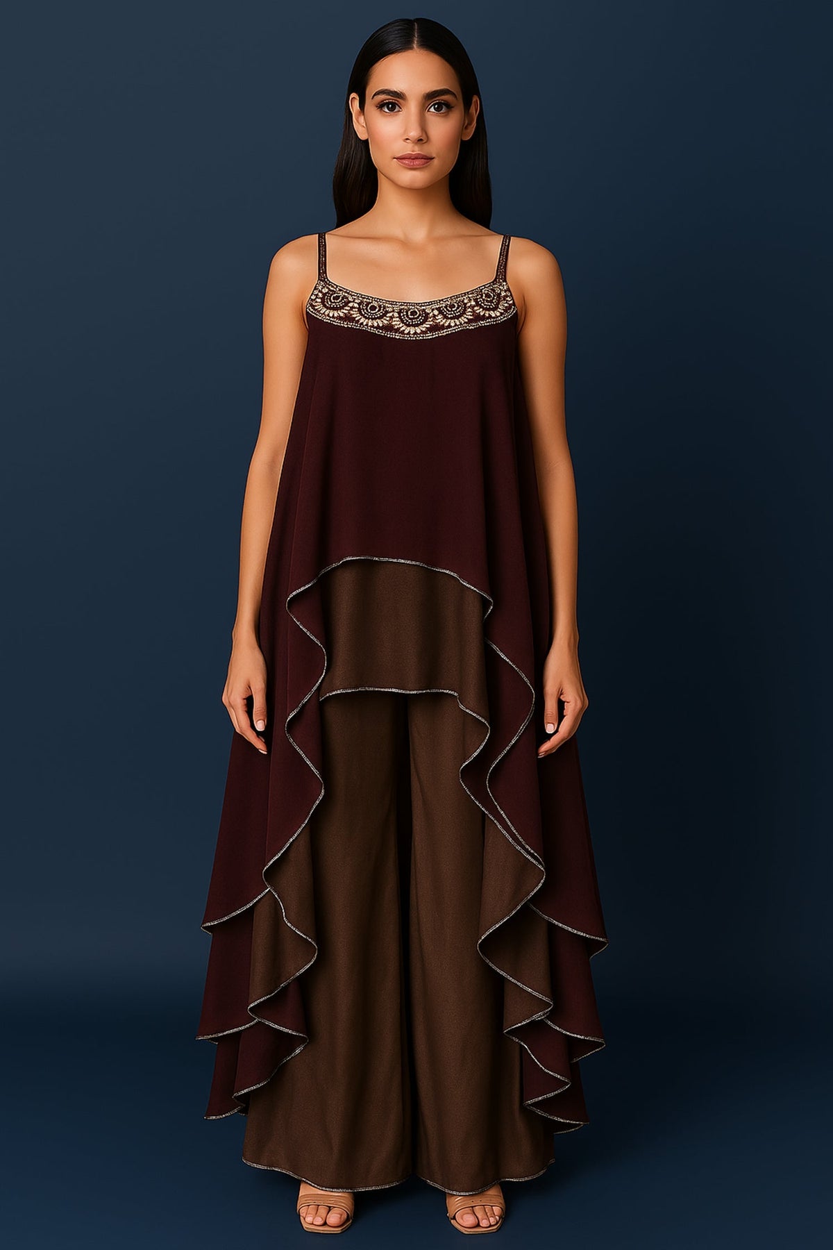 Maroon and Taupe Georgette Square Neck High and Low Layered Asymmetric Hem Detail Co-Ord Set
