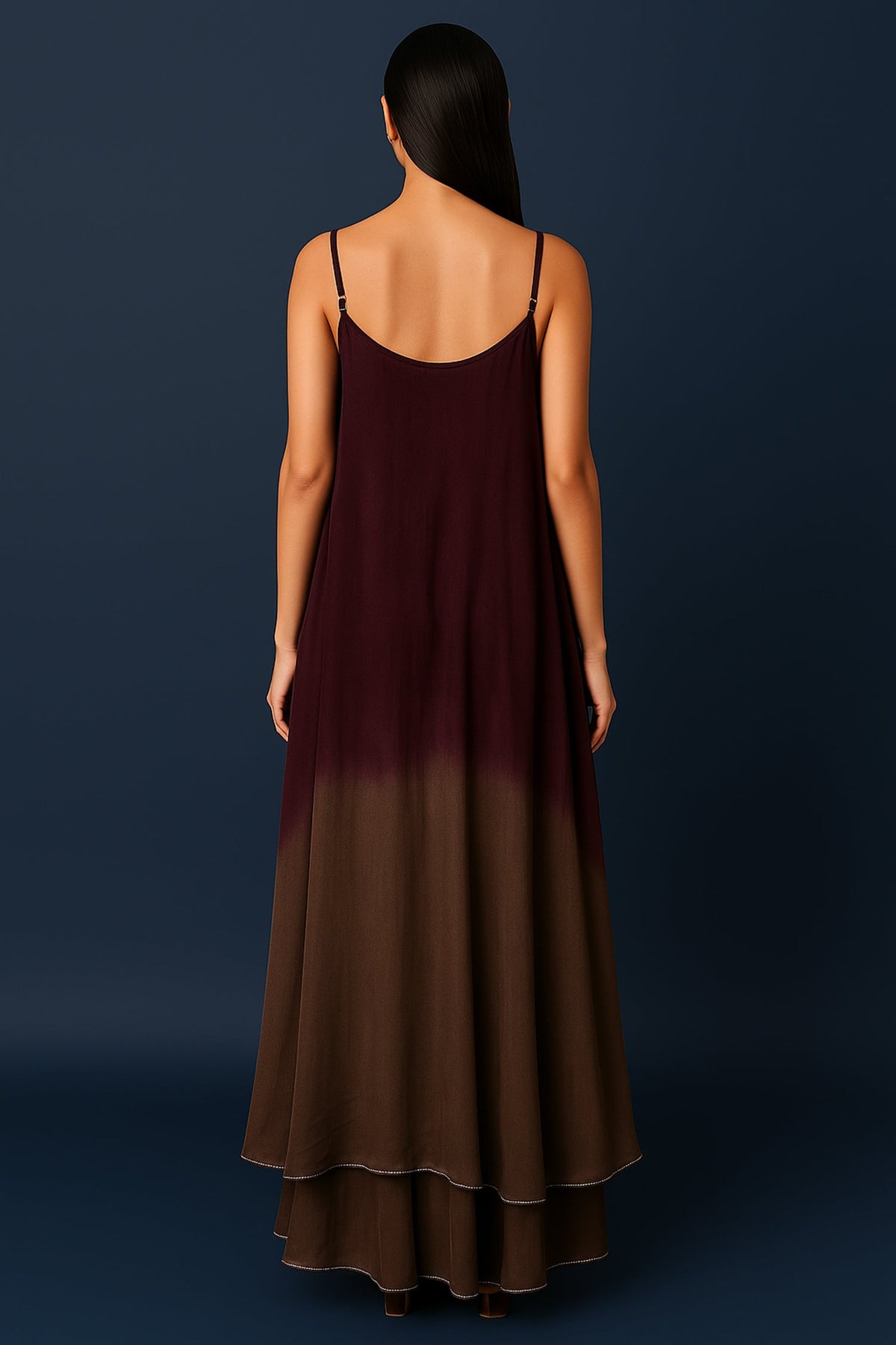 Maroon and Taupe Georgette Square Neck High and Low Layered Asymmetric Hem Detail Co-Ord Set