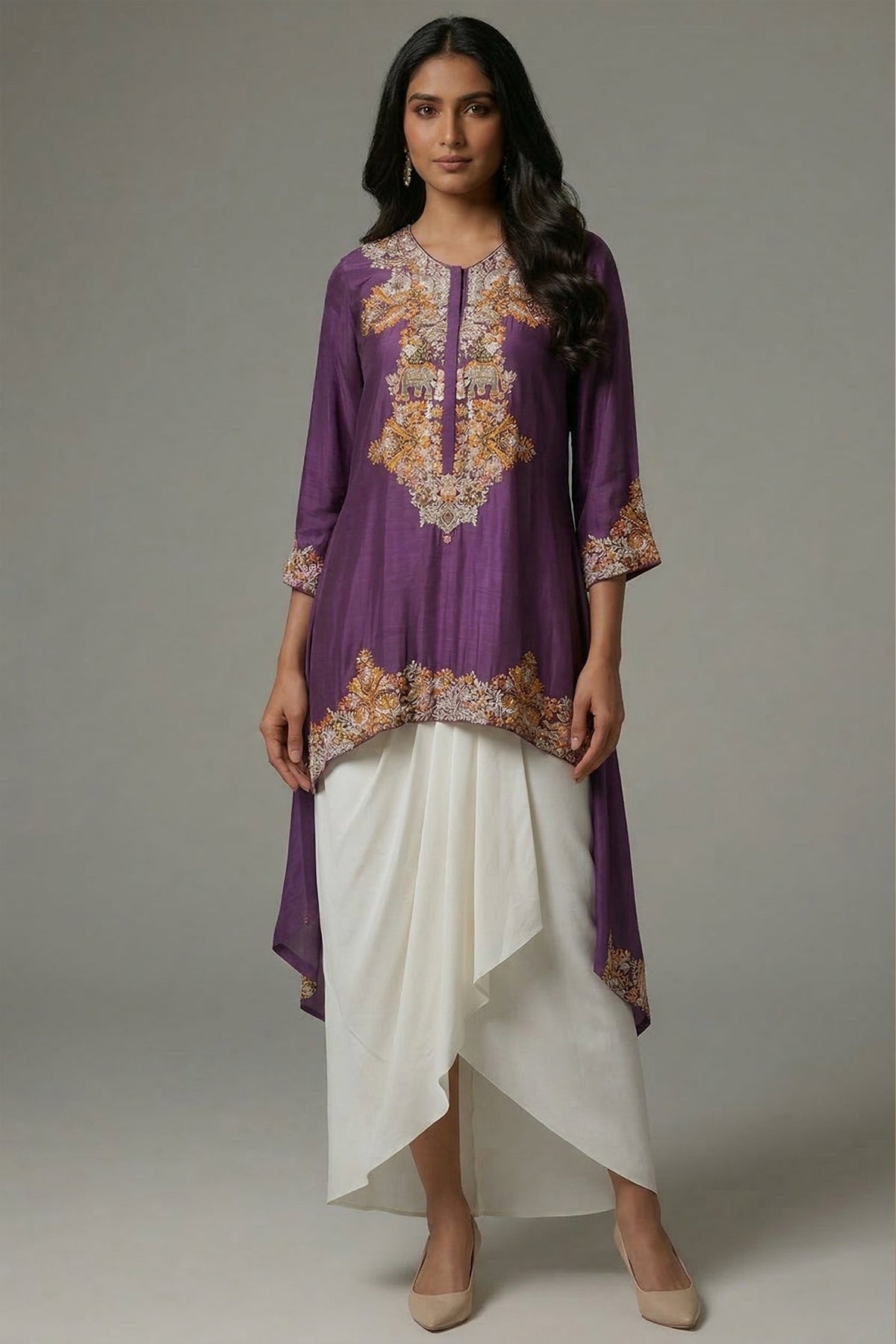 Purple Raw Silk Mirror and Thread Embroidered Top with Draped Skirt