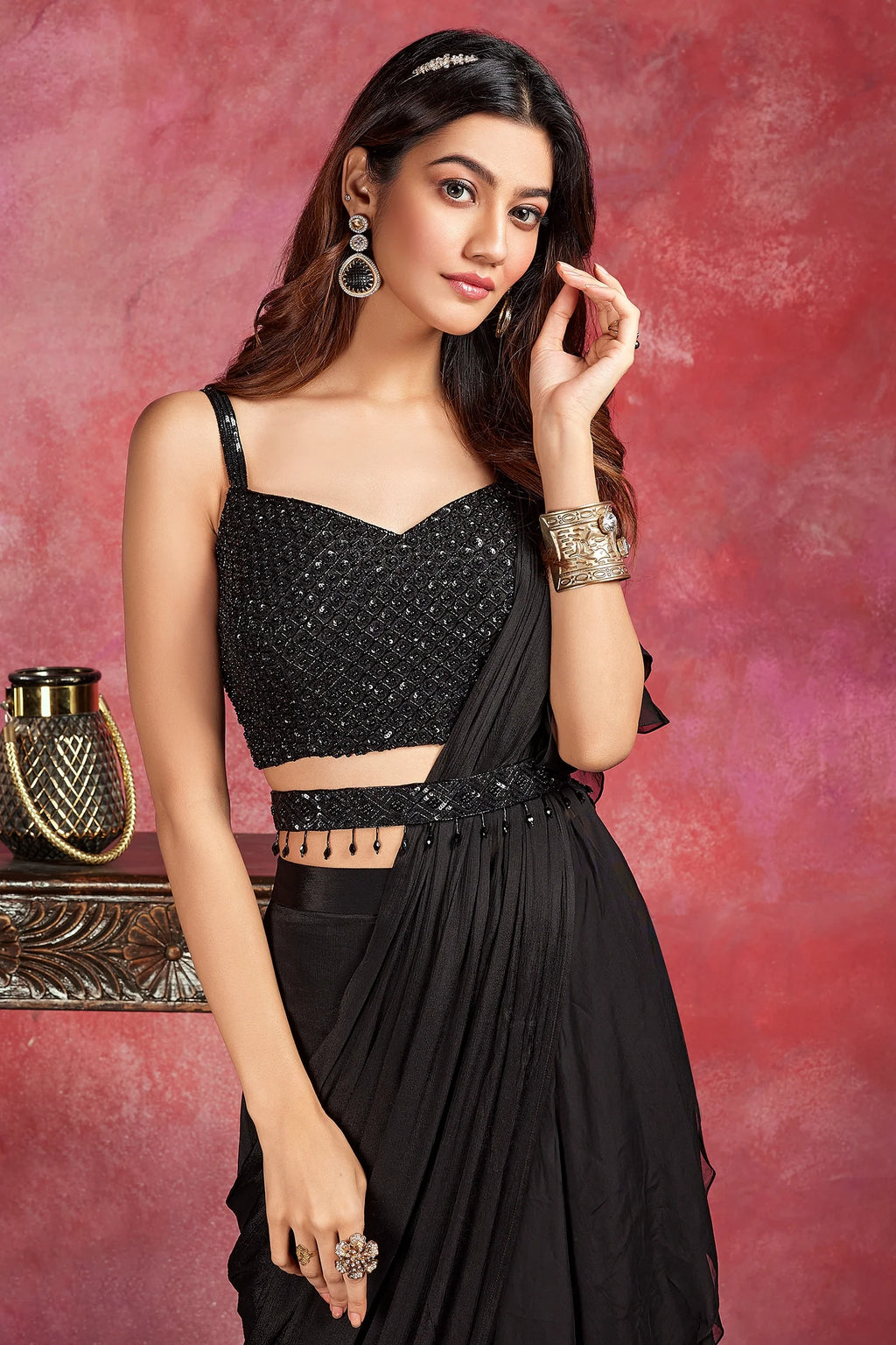 Black Embellished Pre Stitched Ruffled Saree in Chiffon Georgette with Cutdana and Sequins Work Blouse