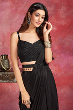 Black Embellished Pre Stitched Ruffled Saree in Chiffon Georgette with Cutdana and Sequins Work Blouse