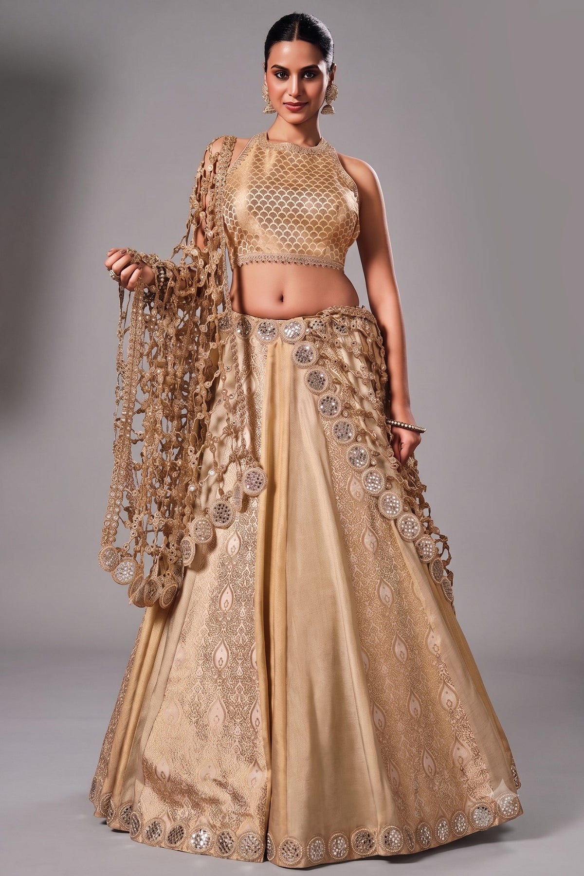 Ivory Tissue Silk and Banarasi Brocade Lehenga Choli with Jaal Dupatta