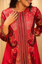 Red Raw Silk Embellished Sequin Beaded Top Palazzo Set