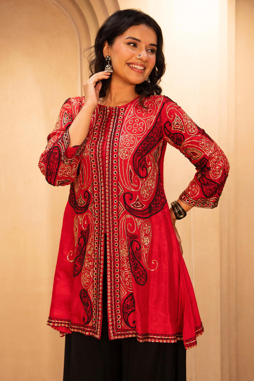 Red Raw Silk Embellished Sequin Beaded Top Palazzo Set