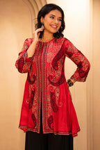 Red Raw Silk Embellished Sequin Beaded Top Palazzo Set