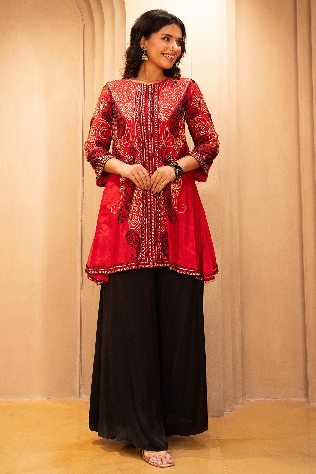 Red Raw Silk Embellished Sequin Beaded Top Palazzo Set