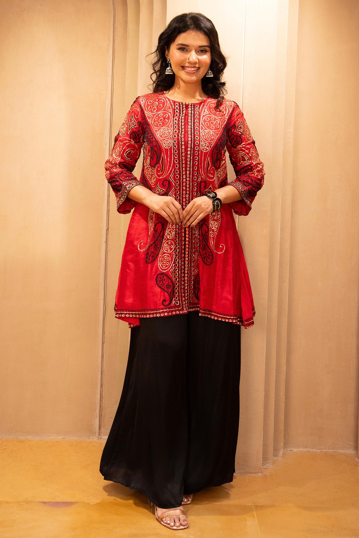 Red Raw Silk Embellished Sequin Beaded Top Palazzo Set