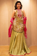 Mehendi Green Raw Silk Mirror and Beads Work Halter Neck Palazzo Suit