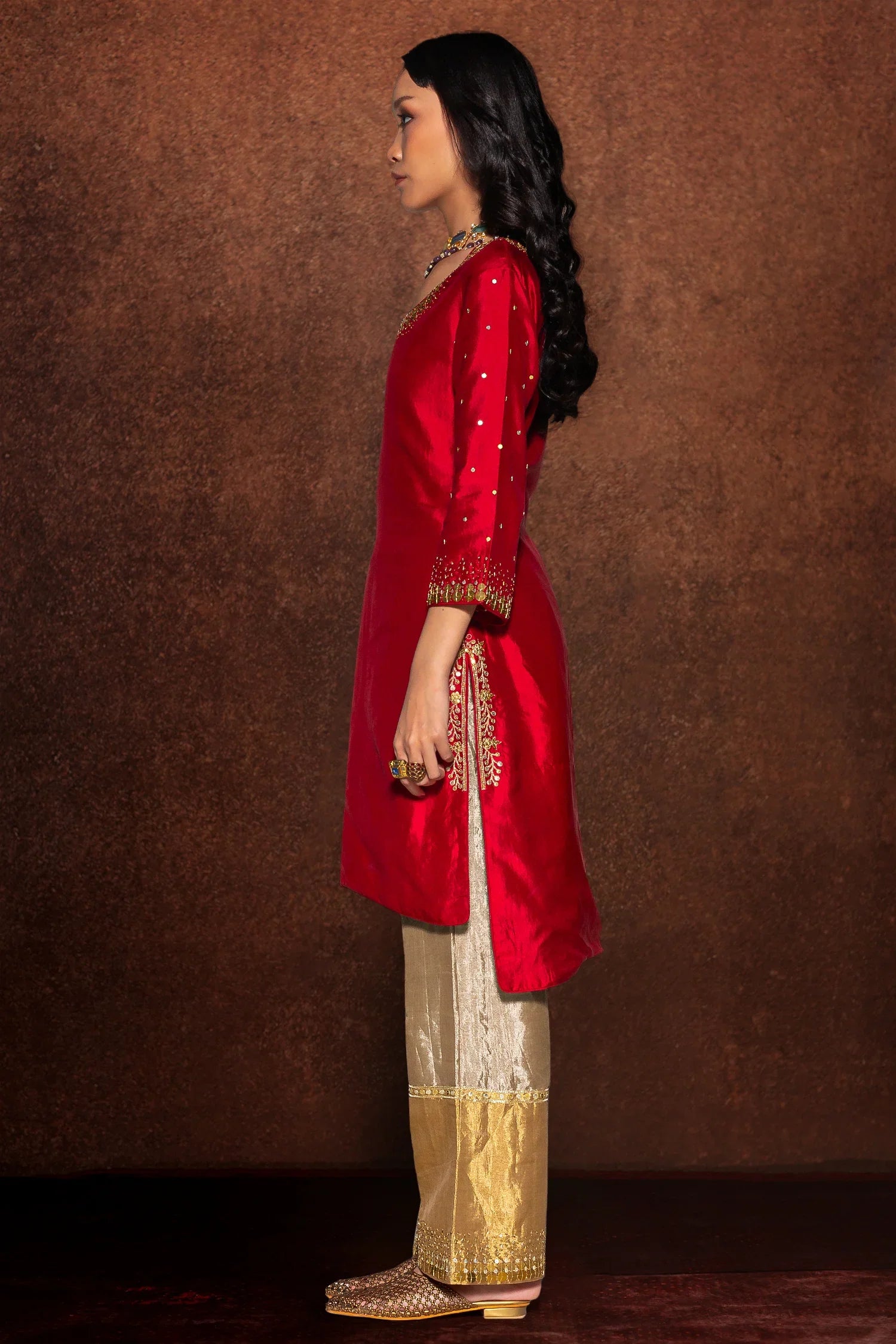 Red Dupion Suit with Sequins Aari Work