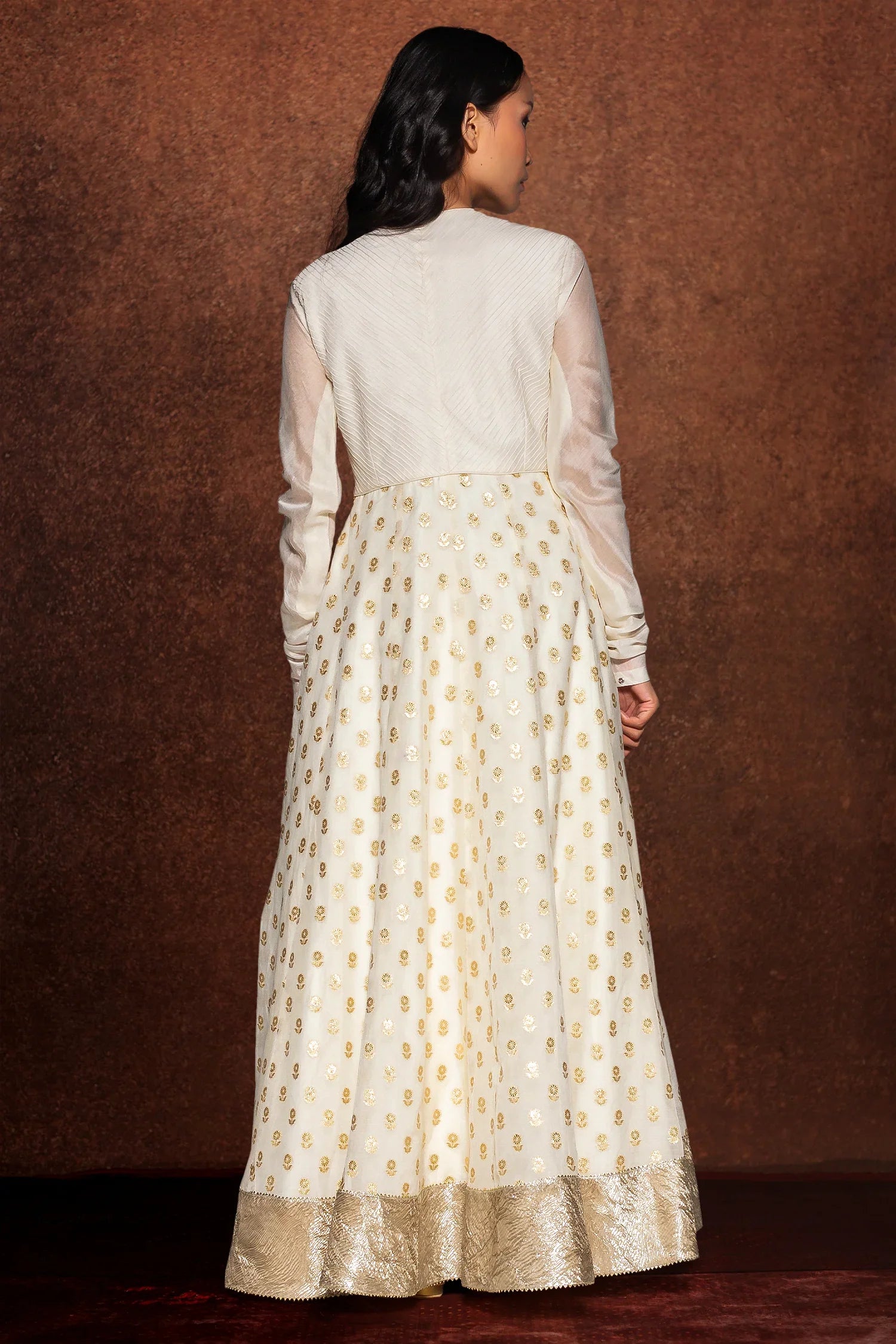 Off White Anarkali Suit in Chanderi with Beads Work