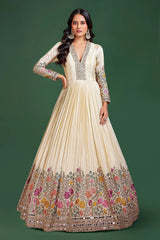 Cream Crepe Resham Embroidered Deep V Neck Anarkali Suit with Mirror Work