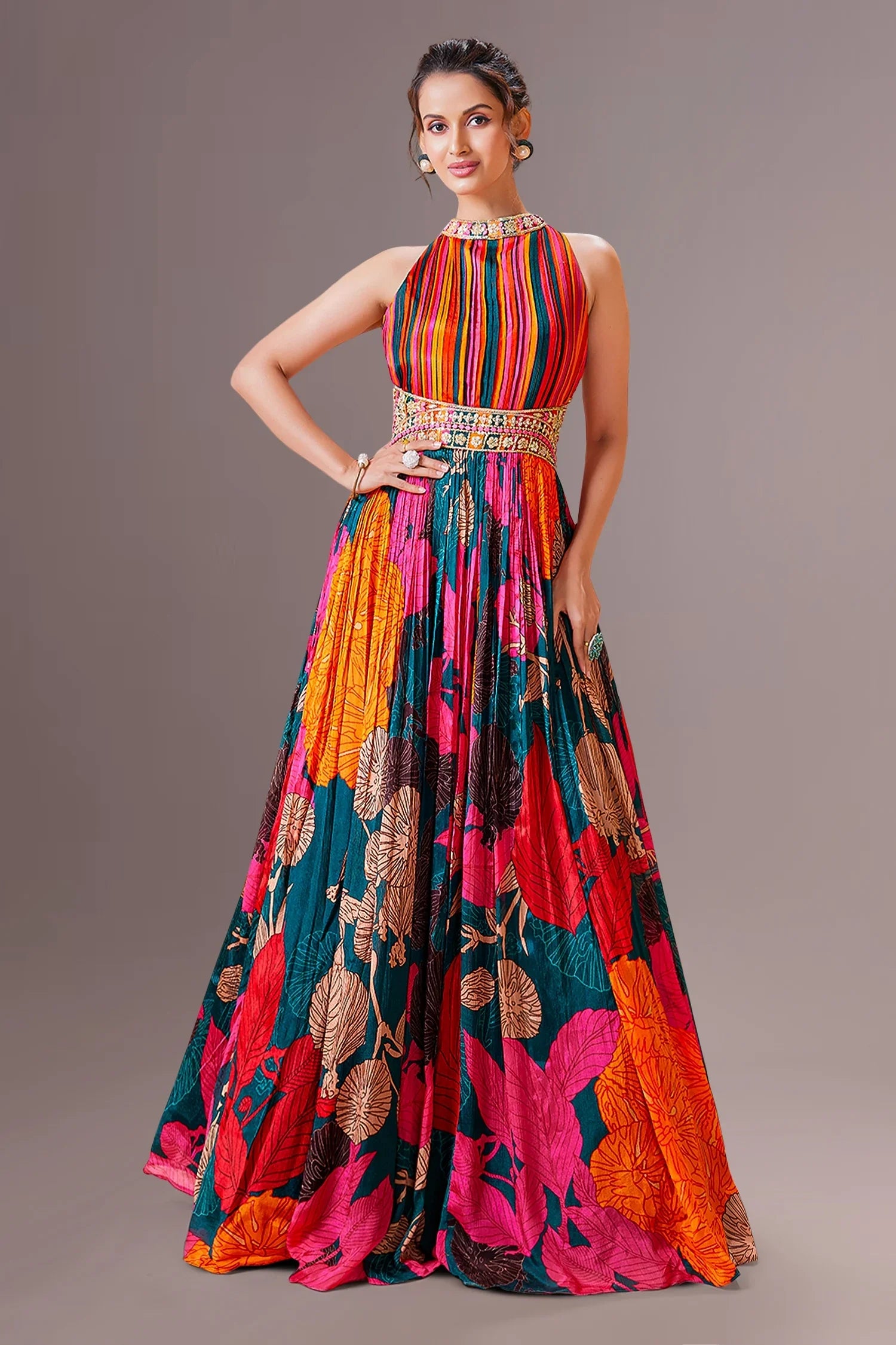 Multi Colored Crepe Silk Floral Printed Halter Neck Pintex Bodice Anarkali Suit with Cape on Back
