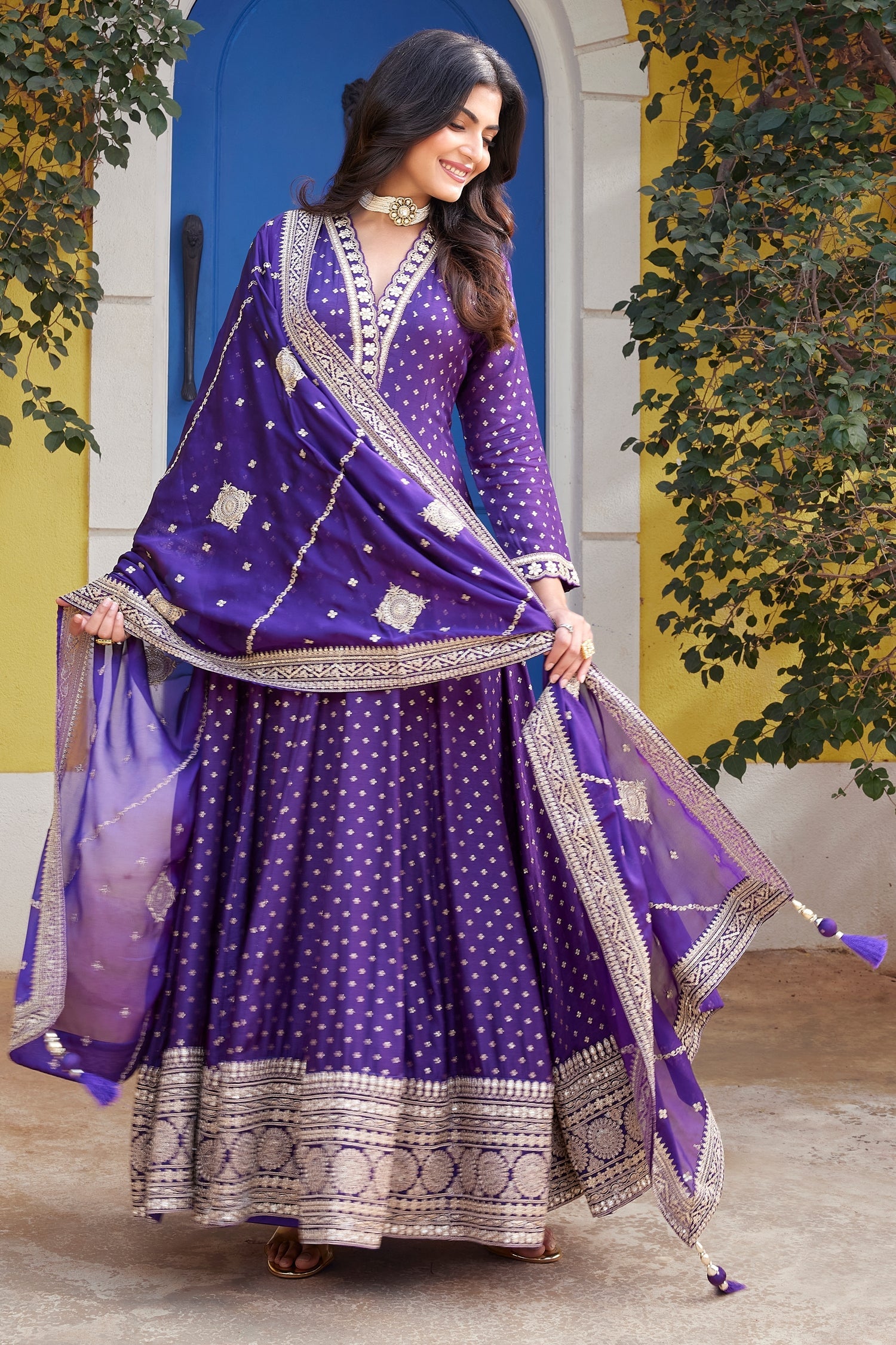 Violet Purple Art Silk Woven and Sequin Embroidered Anarkali Suit with Scallop Neckline