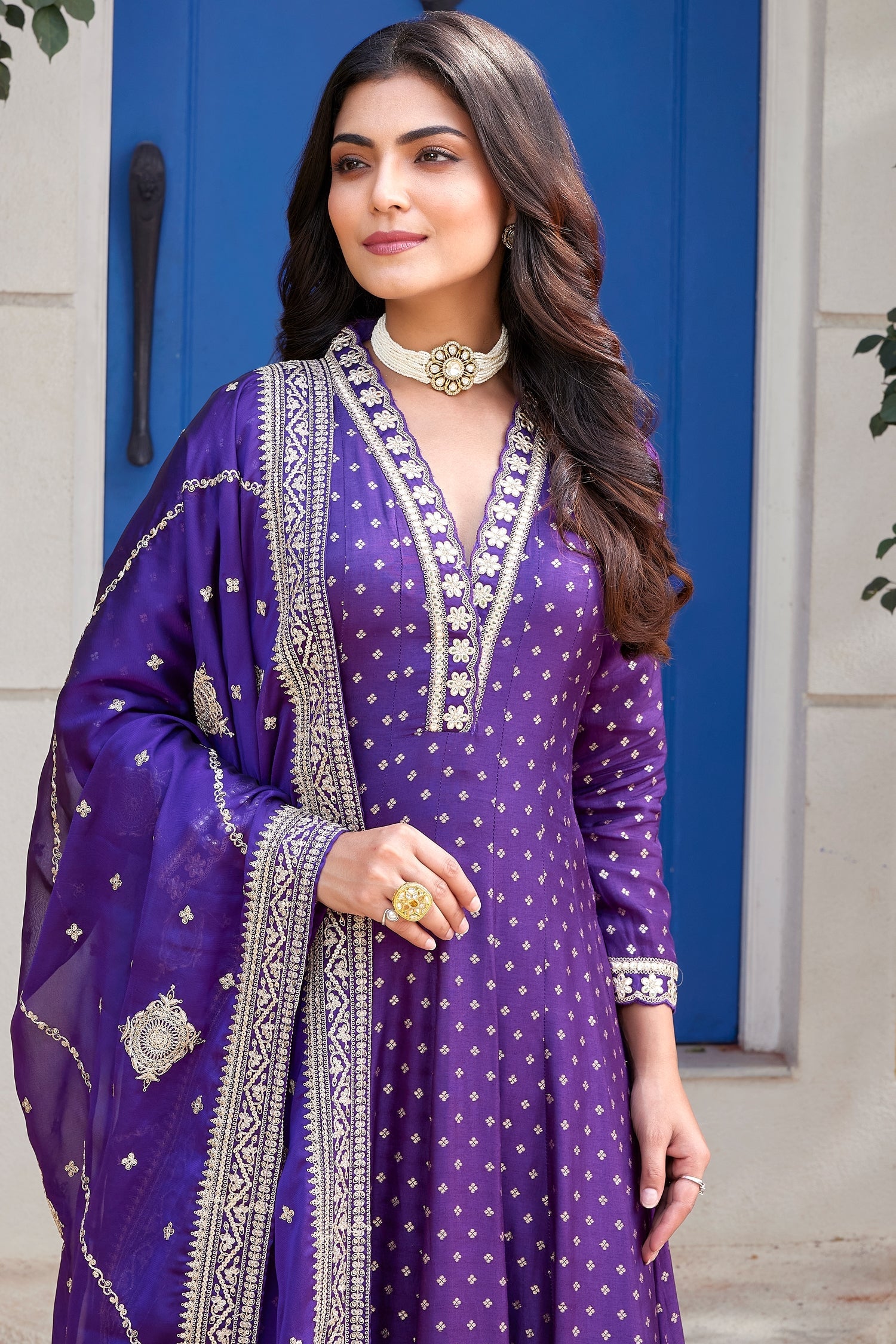 Violet Purple Art Silk Woven and Sequin Embroidered Anarkali Suit with Scallop Neckline