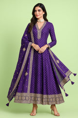 Violet Purple Art Silk Woven and Sequin Embroidered Anarkali Suit with Scallop Neckline