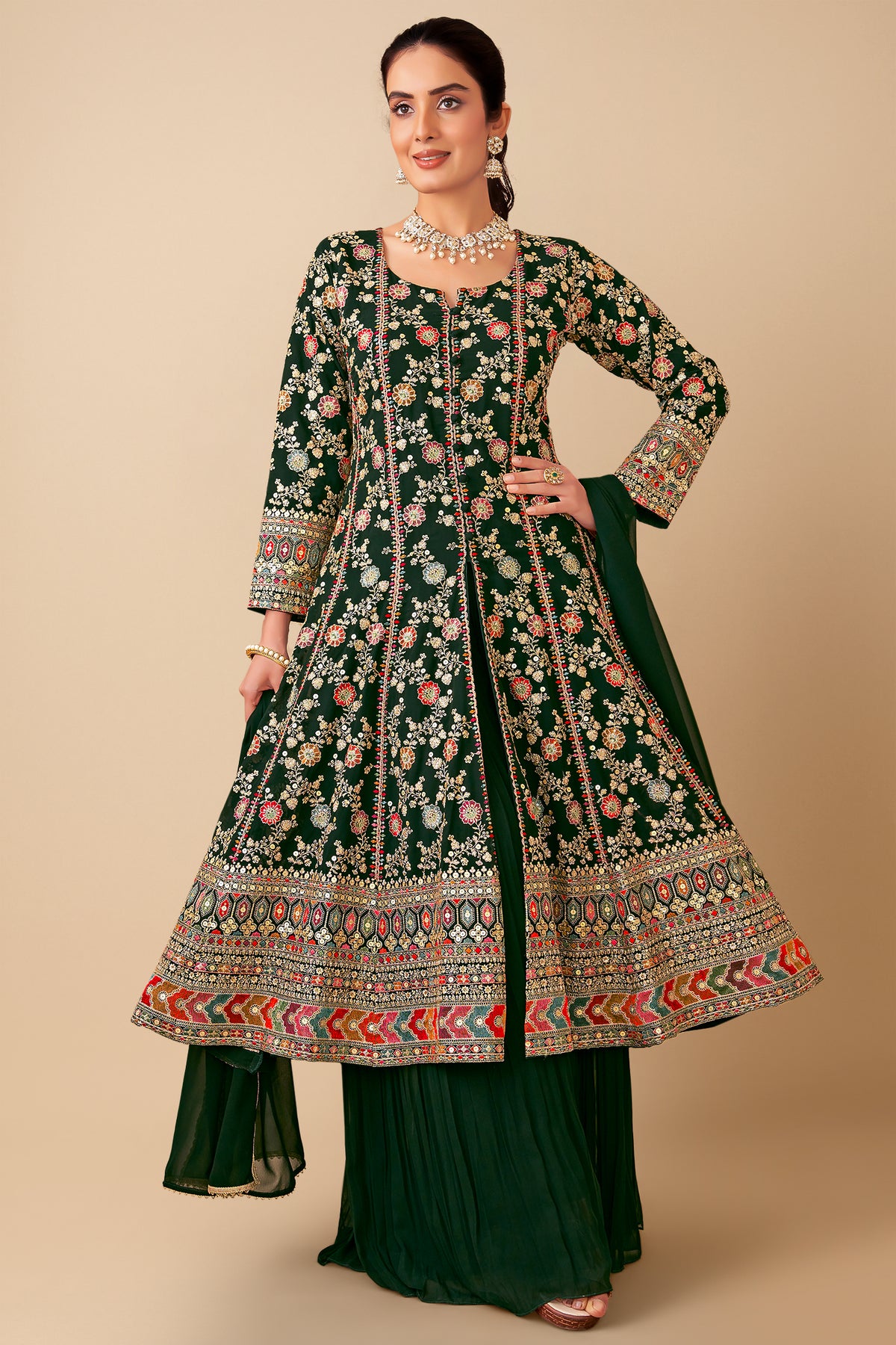Green Georgette Sequin Embroidered Slit Cut Palazzo Suit