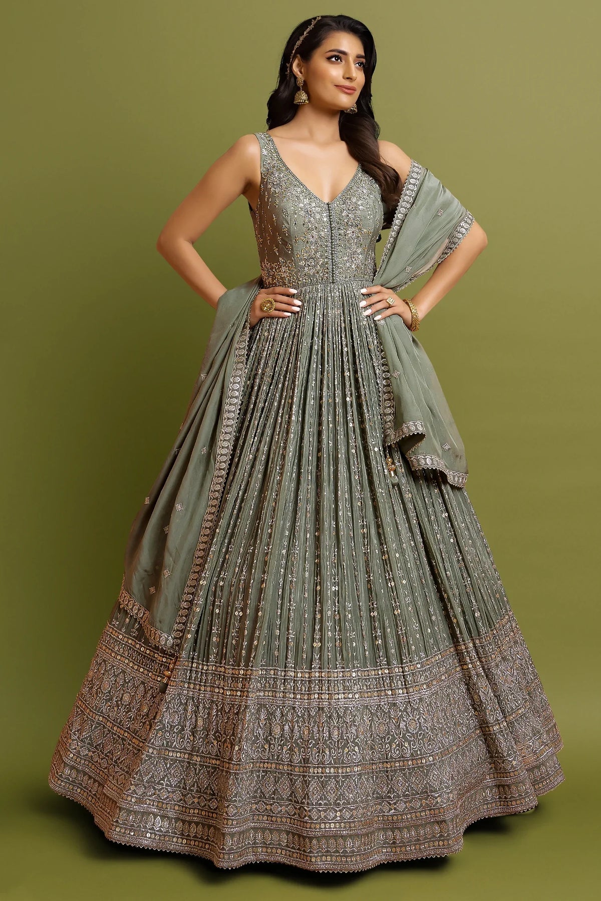 Olive Green Chinon Crepe Sequin Embroidery Anarkali Suit 38 Olive Green Chinon Crepe Sequin Embroidery Anarkali Suit 38