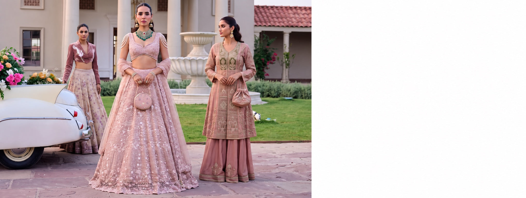 Three models wearing blush wedding styles outside a heritage venue