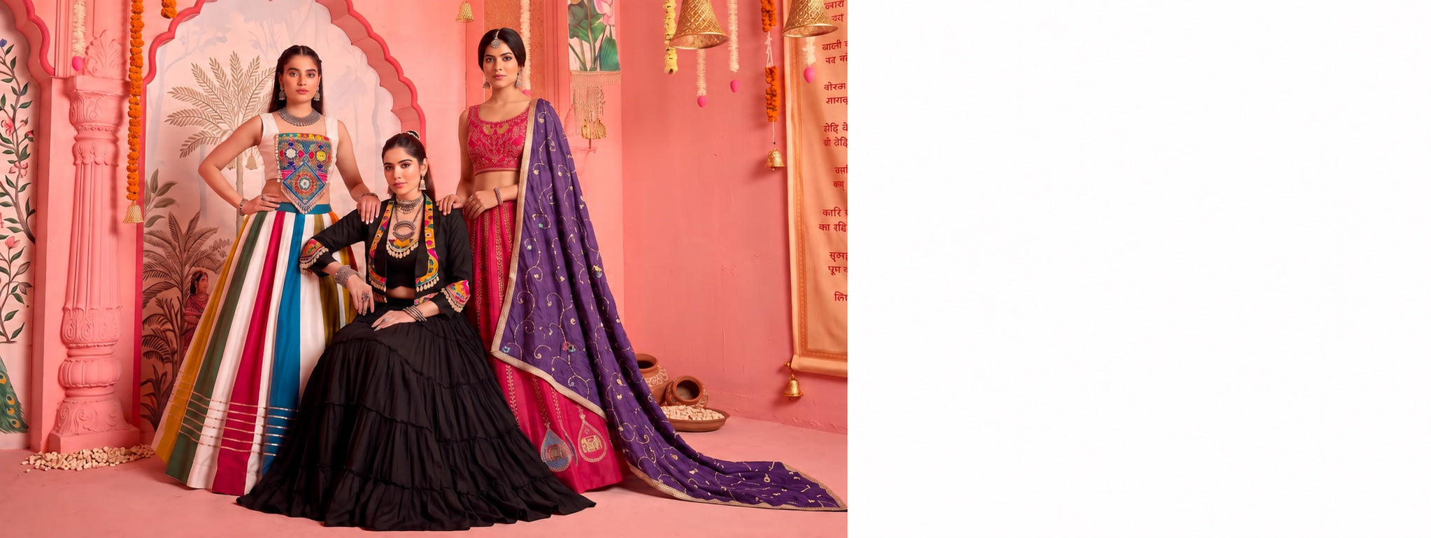 Three models wearing Asopalav Navratri lehengas