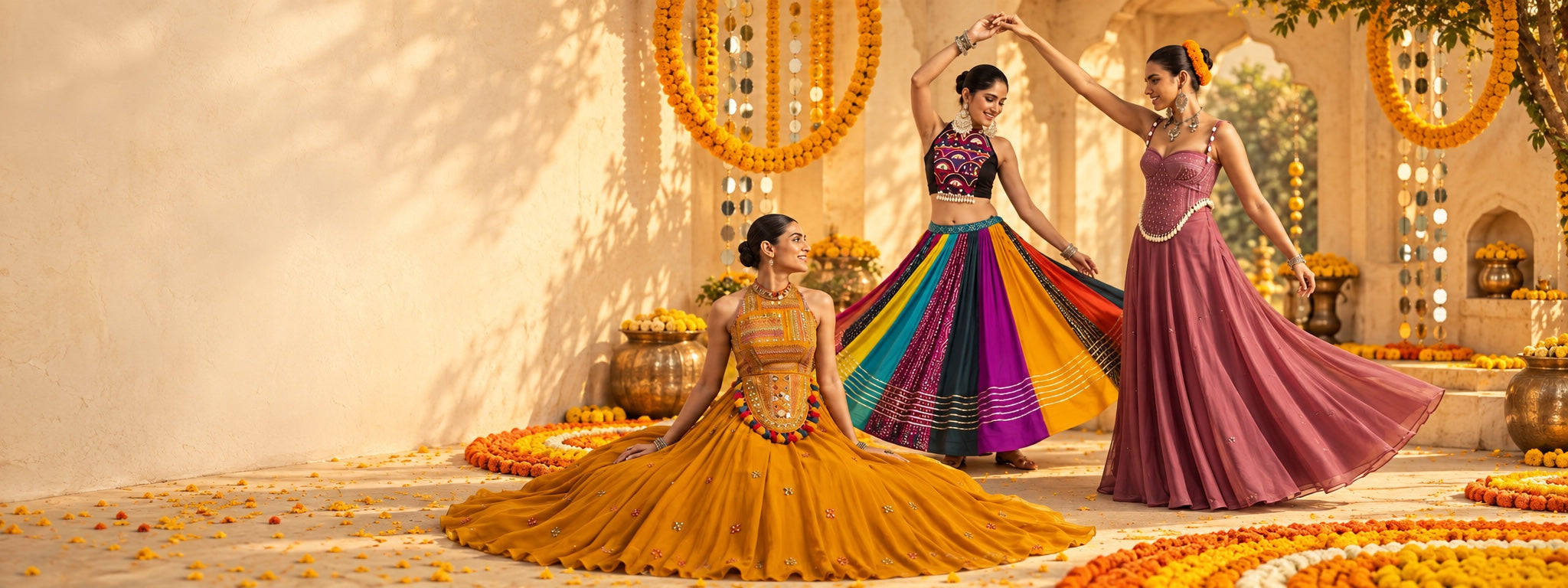 Three models wearing Asopalav Navratri lehengas