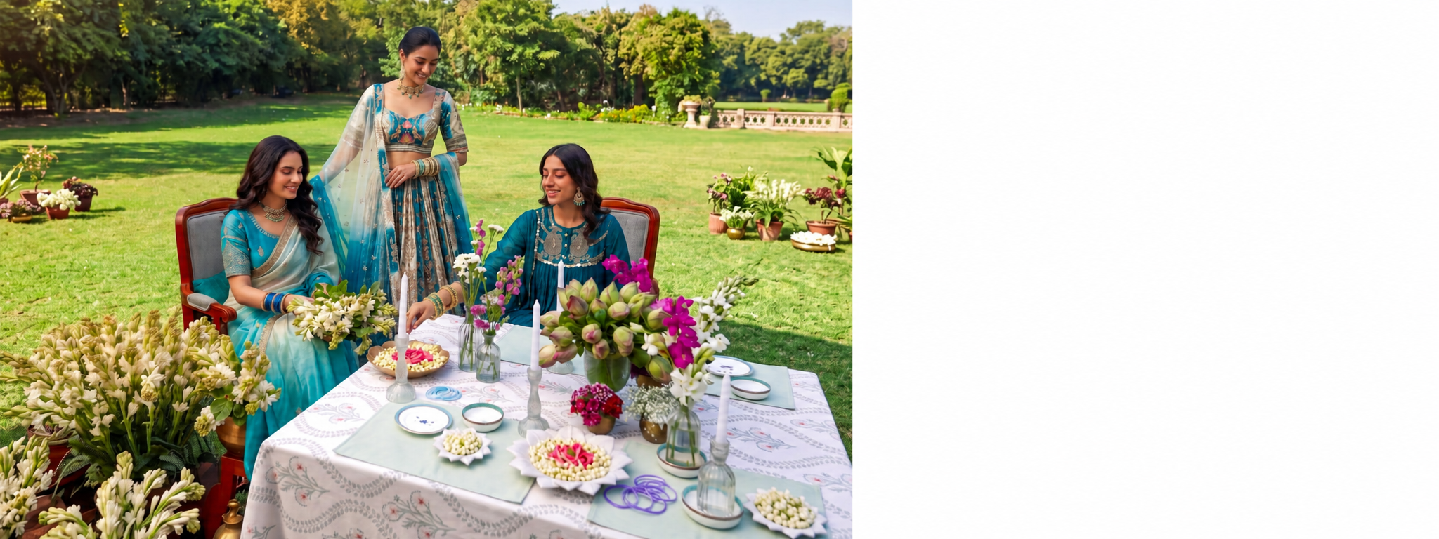Three women wearing teal Asopalav occasion styles at a garden celebration